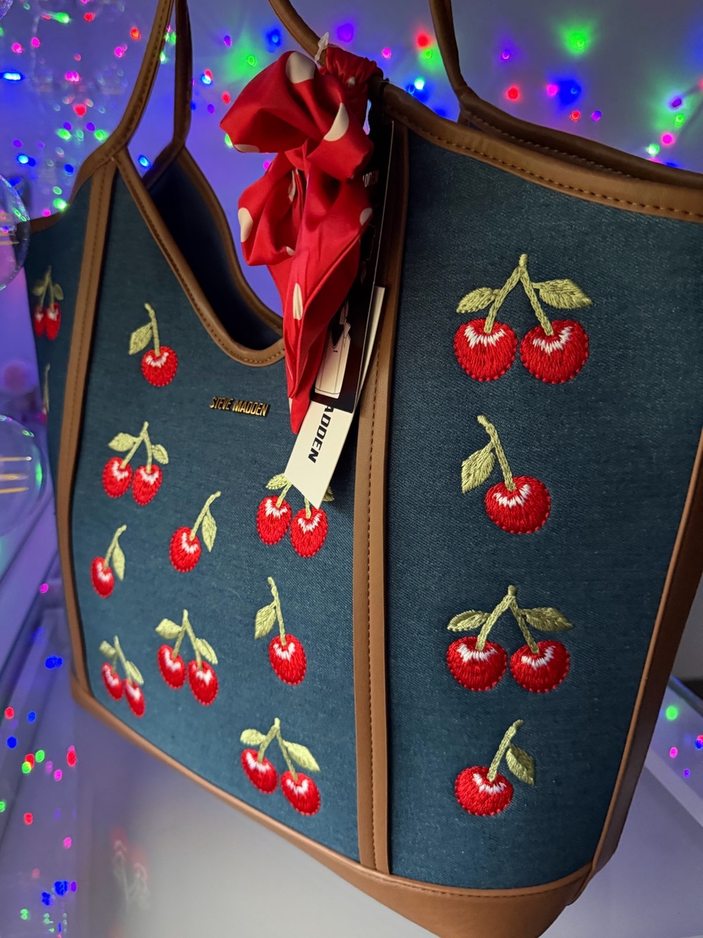 Steve Madden Navy Cherry Embroidered Tote with Brown Trim and Red Bow - Picture 4 of 8